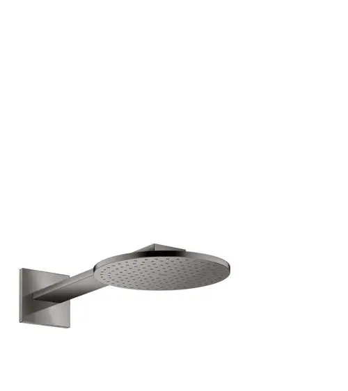 Runde Kopfbrause mit flachem Design und Brausearm in Polished Black Chrome, montiert an einer Wandhalterung. Produkt von AXOR.